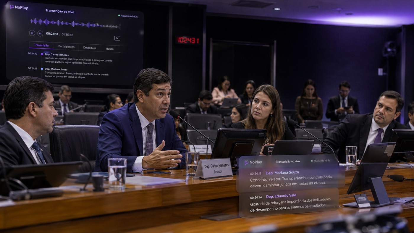 Parlamentares em reunião de comissão com transcrição ao vivo do NoPlay